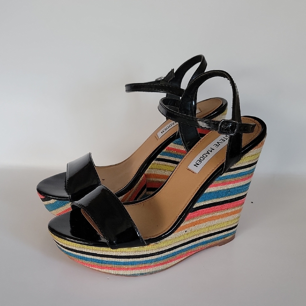Steve Madden P-Sophia Black and Multicolor Striped Wedges Size 6.5 - Picture 4 of 7